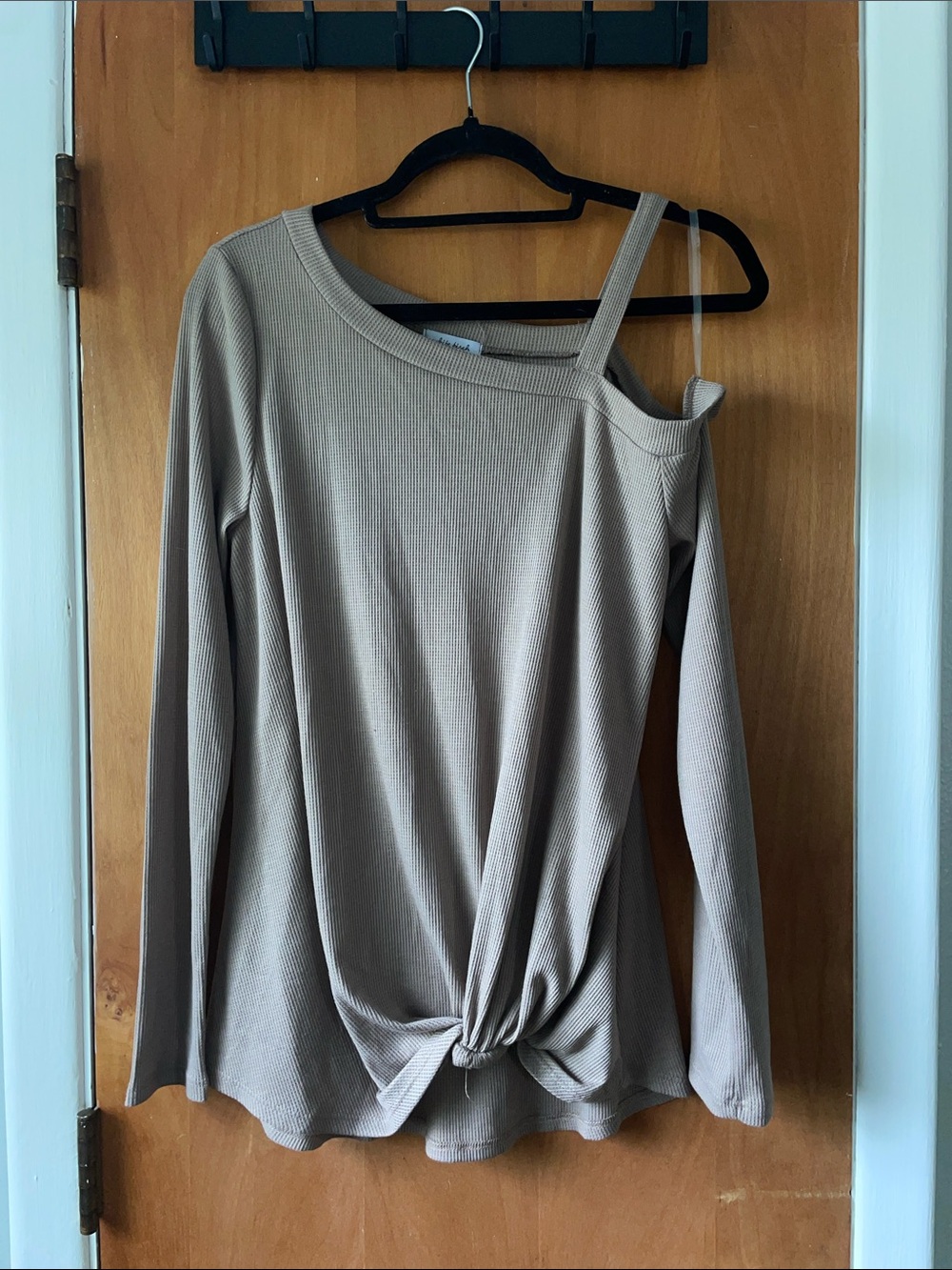 white birch Taupe One-Shoulder Knot Front Ribbed Sweater